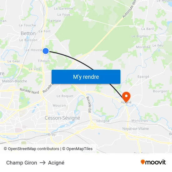 Champ Giron to Acigné map