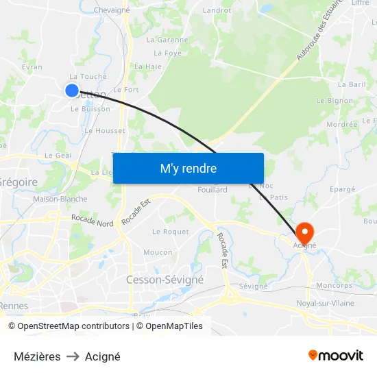 Mézières to Acigné map