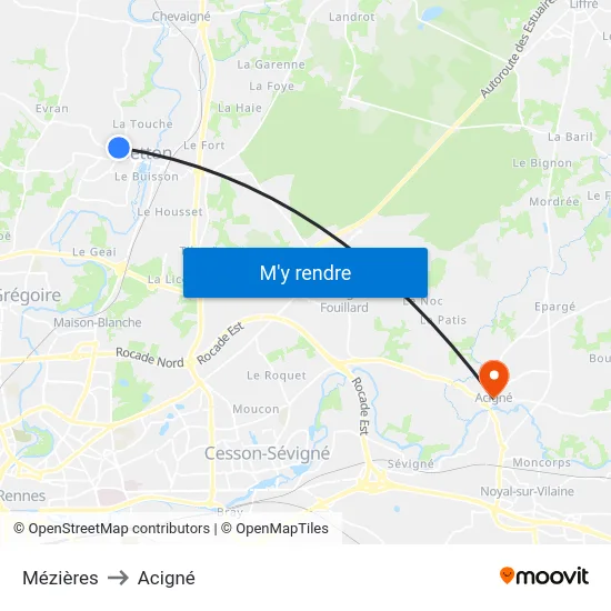 Mézières to Acigné map