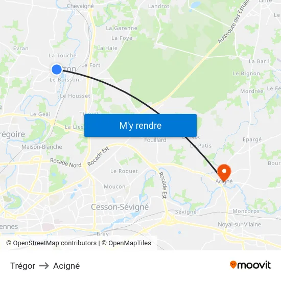 Trégor to Acigné map