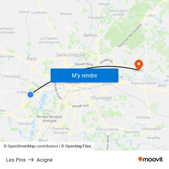 Les Pins to Acigné map