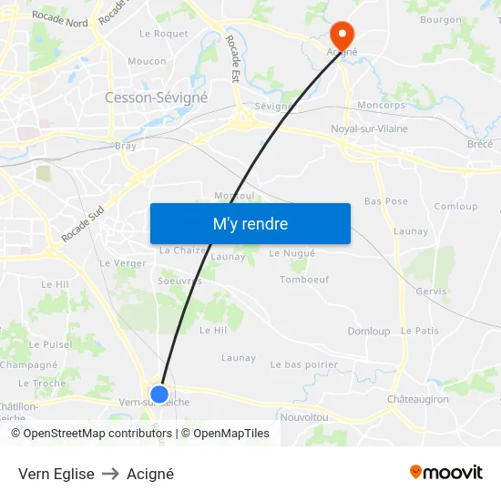 Vern Eglise to Acigné map