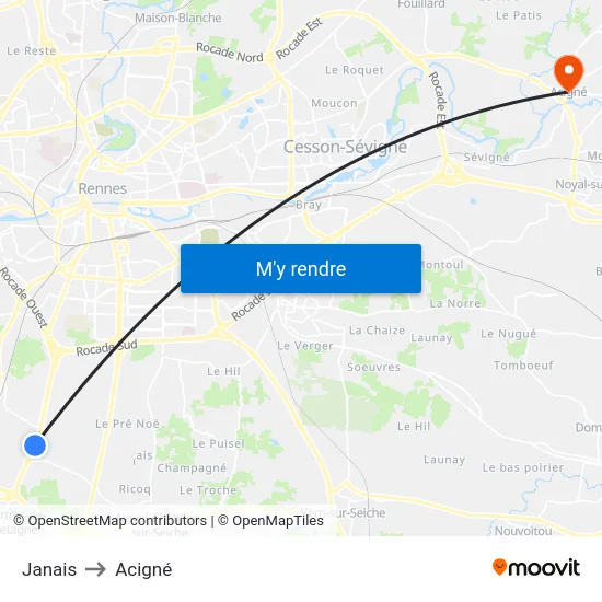 Janais to Acigné map