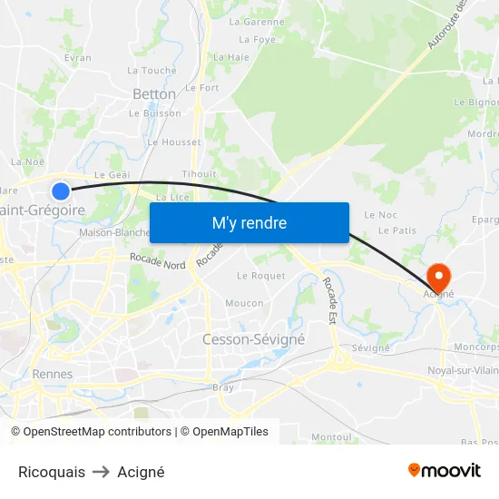 Ricoquais to Acigné map