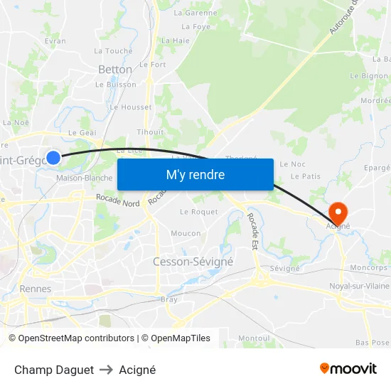 Champ Daguet to Acigné map