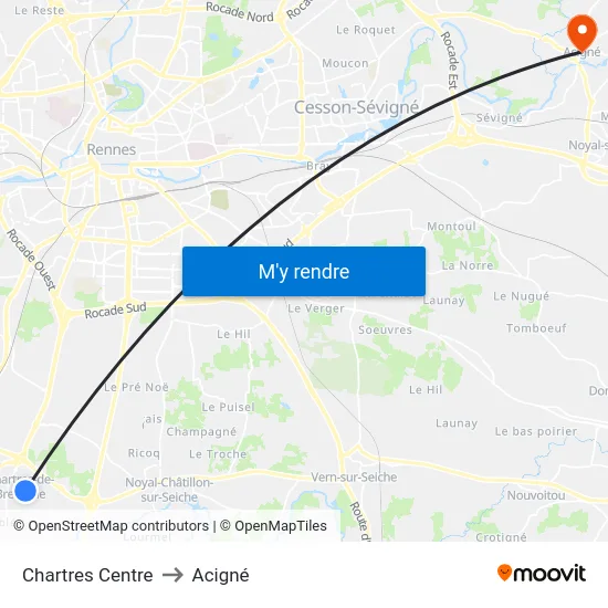 Chartres Centre to Acigné map