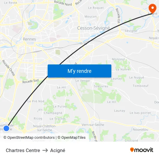 Chartres Centre to Acigné map