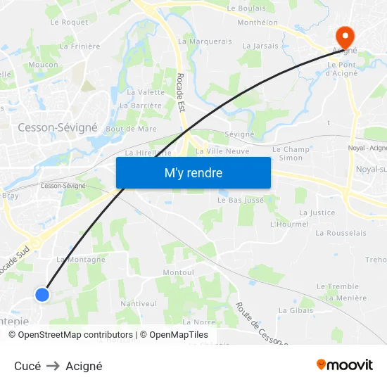 Cucé to Acigné map