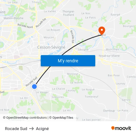 Rocade Sud to Acigné map