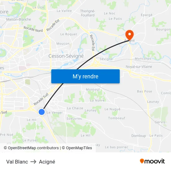 Val Blanc to Acigné map