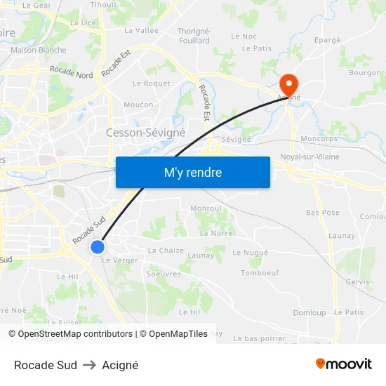 Rocade Sud to Acigné map
