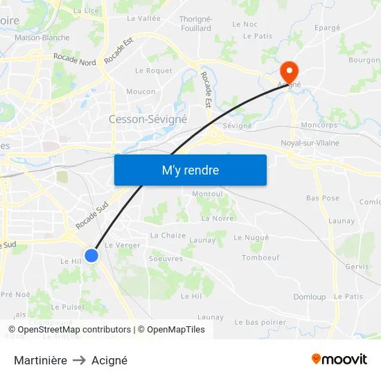 Martinière to Acigné map