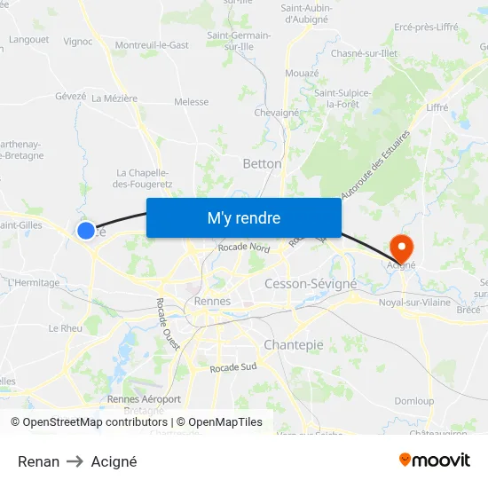 Renan to Acigné map