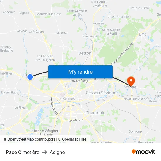 Pacé Cimetière to Acigné map
