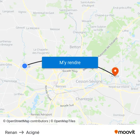 Renan to Acigné map