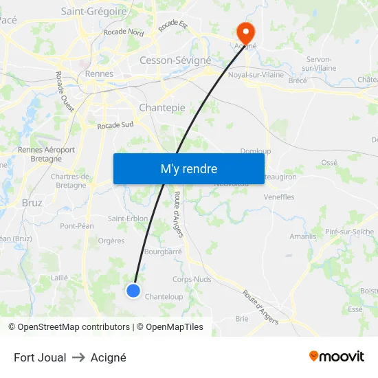 Fort Joual to Acigné map