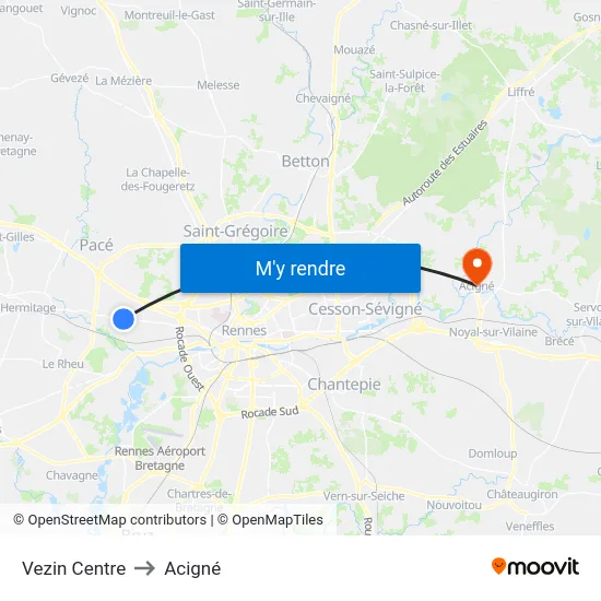 Vezin Centre to Acigné map