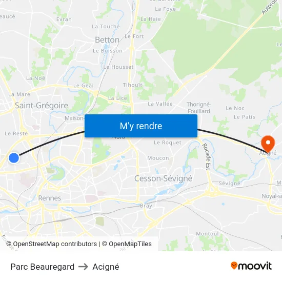 Parc Beauregard to Acigné map