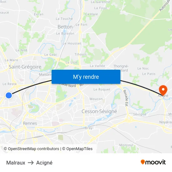Malraux to Acigné map