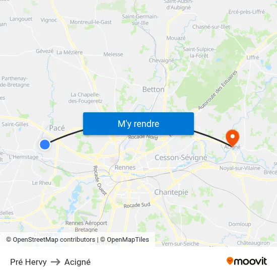 Pré Hervy to Acigné map