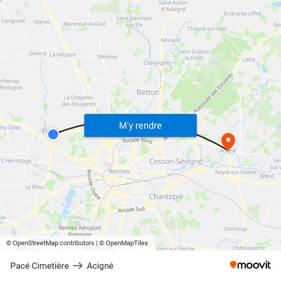 Pacé Cimetière to Acigné map