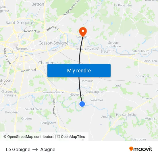 Le Gobigné to Acigné map