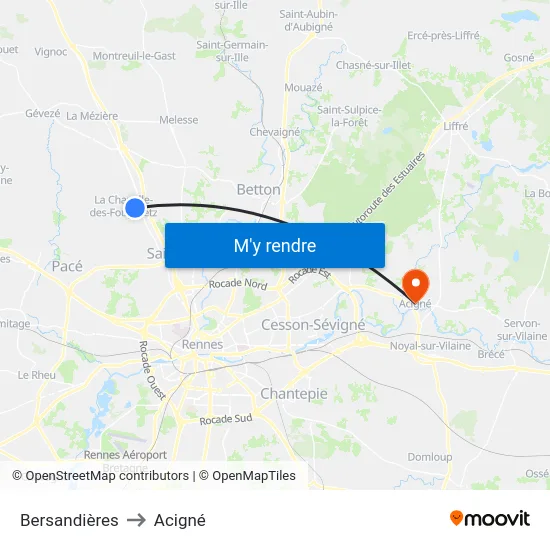 Bersandières to Acigné map