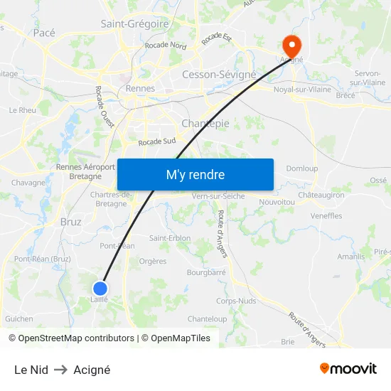Le Nid to Acigné map