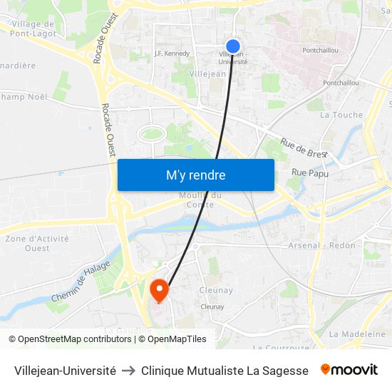 Villejean-Université to Clinique Mutualiste La Sagesse map