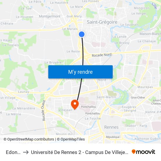 Edonia to Université De Rennes 2 - Campus De Villejean map