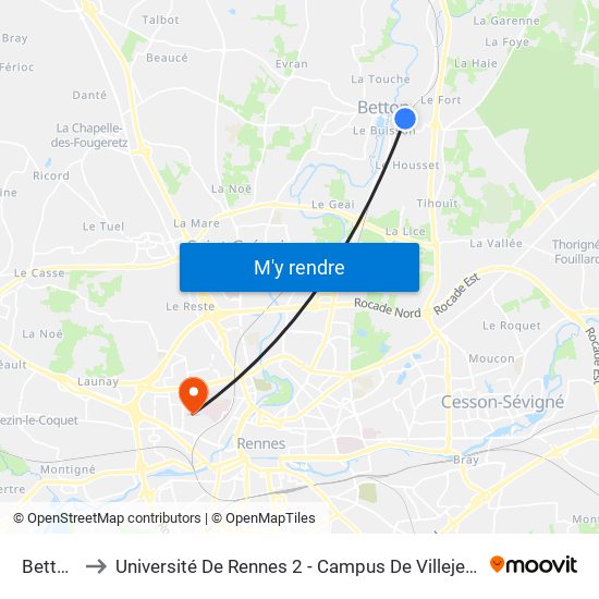 Betton to Université De Rennes 2 - Campus De Villejean map