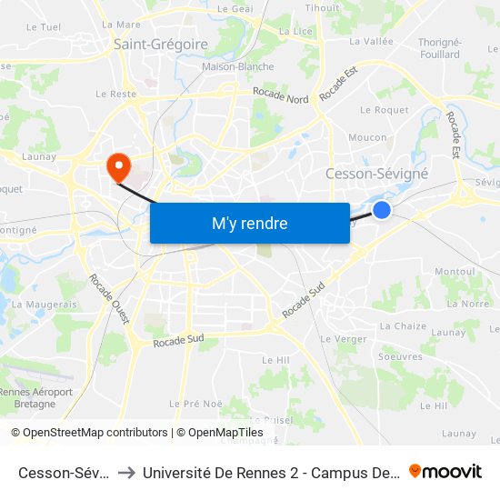 Cesson-Sévigné to Université De Rennes 2 - Campus De Villejean map