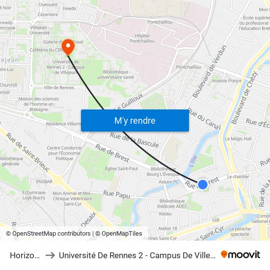 Horizons to Université De Rennes 2 - Campus De Villejean map