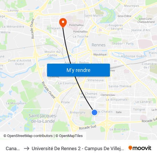 Canada to Université De Rennes 2 - Campus De Villejean map