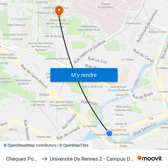 Chèques Postaux to Université De Rennes 2 - Campus De Villejean map