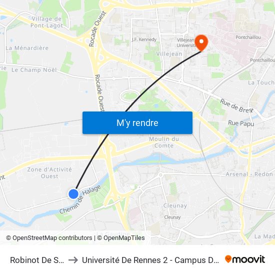 Robinot De St-Cyr to Université De Rennes 2 - Campus De Villejean map
