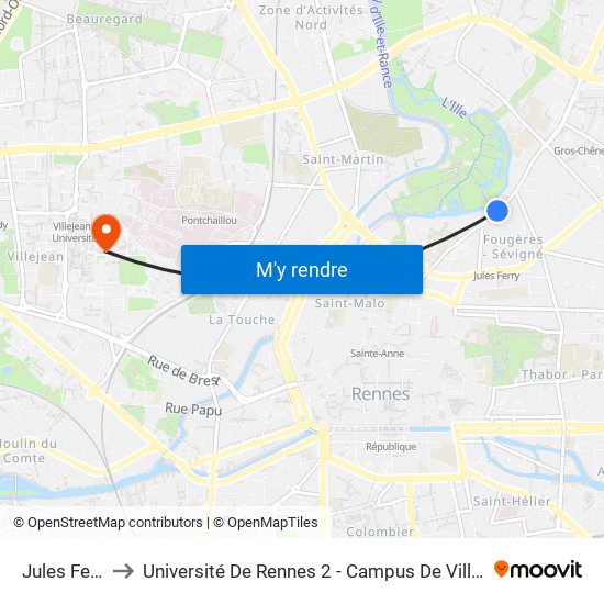 Jules Ferry to Université De Rennes 2 - Campus De Villejean map