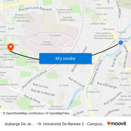 Auberge De Jeunesse to Université De Rennes 2 - Campus De Villejean map