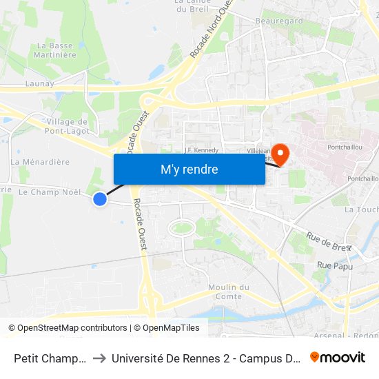 Petit Champeaux to Université De Rennes 2 - Campus De Villejean map