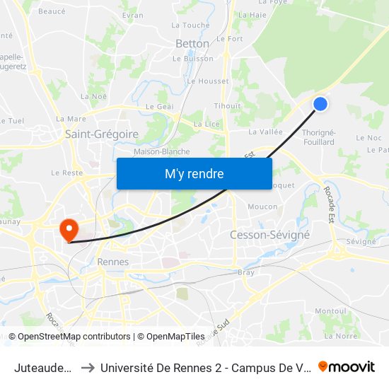 Juteauderies to Université De Rennes 2 - Campus De Villejean map