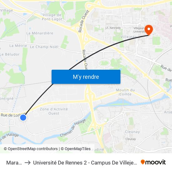 Marais to Université De Rennes 2 - Campus De Villejean map