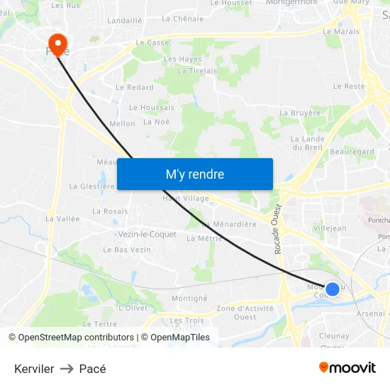 Kerviler to Pacé map
