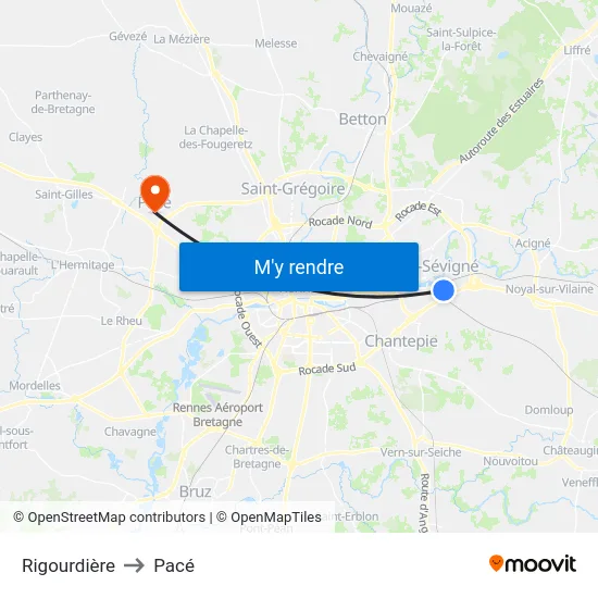 Rigourdière to Pacé map
