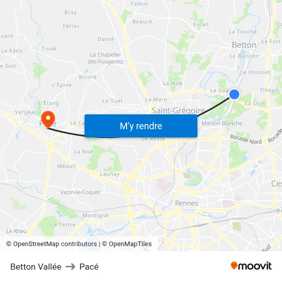 Betton Vallée to Pacé map