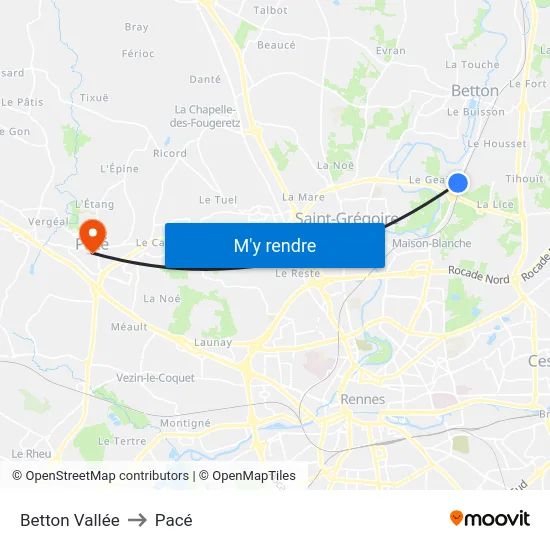 Betton Vallée to Pacé map