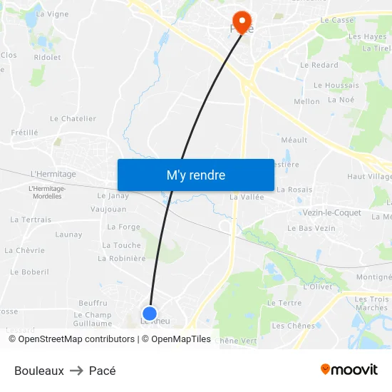 Bouleaux to Pacé map