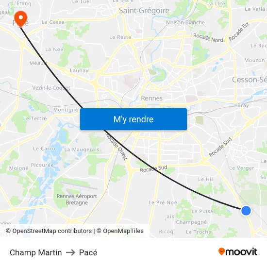Champ Martin to Pacé map