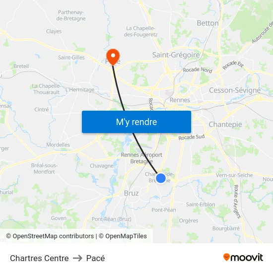 Chartres Centre to Pacé map