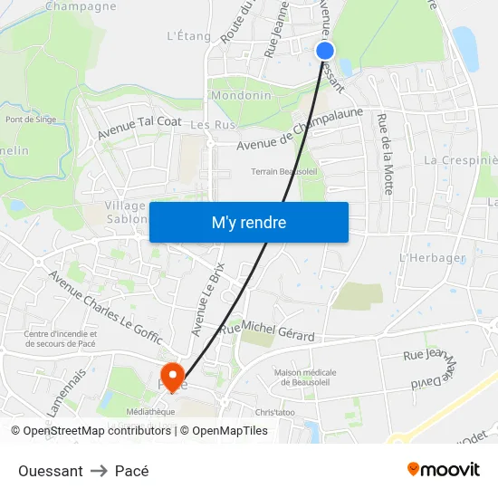 Ouessant to Pacé map