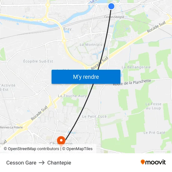 Cesson Gare to Chantepie map